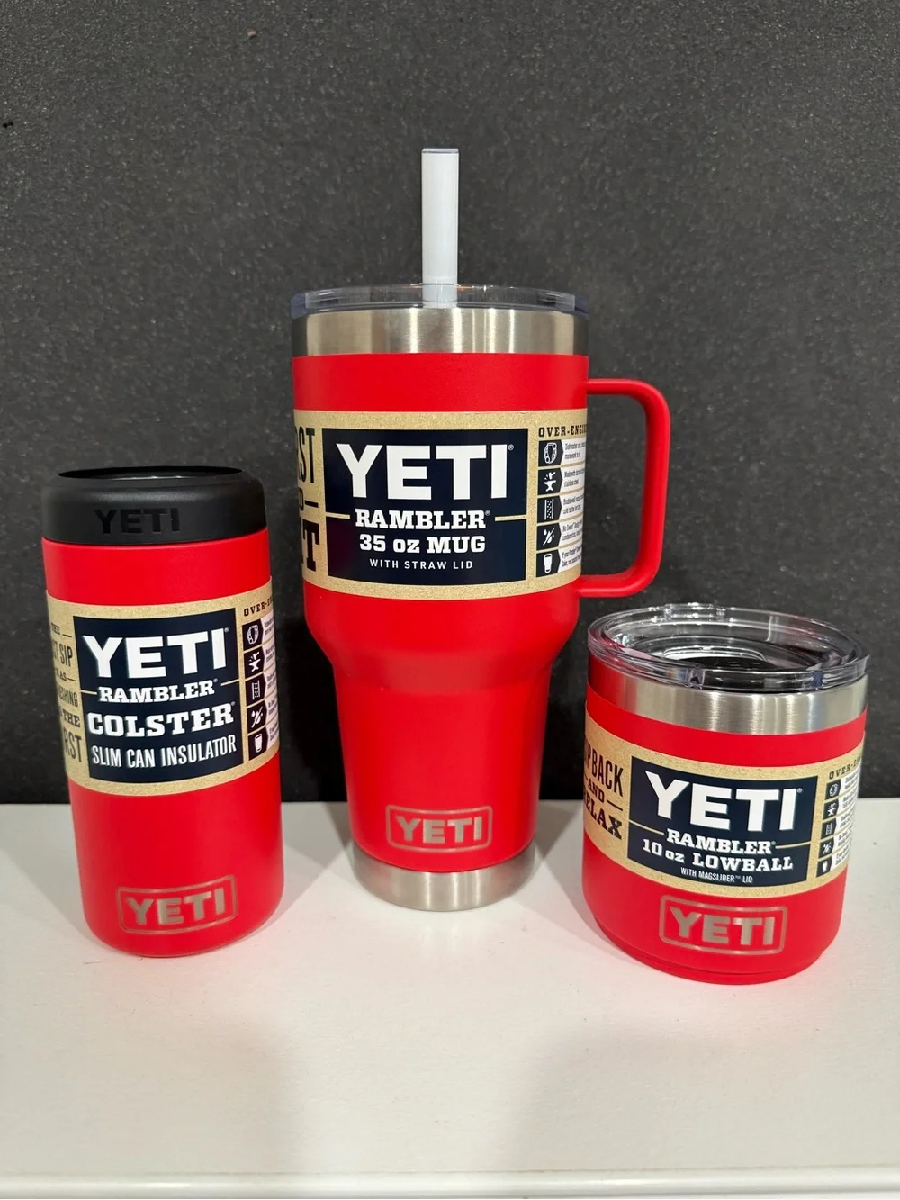 Yeti Red Rambler Set - Travel Mug, Lowball, and Colster